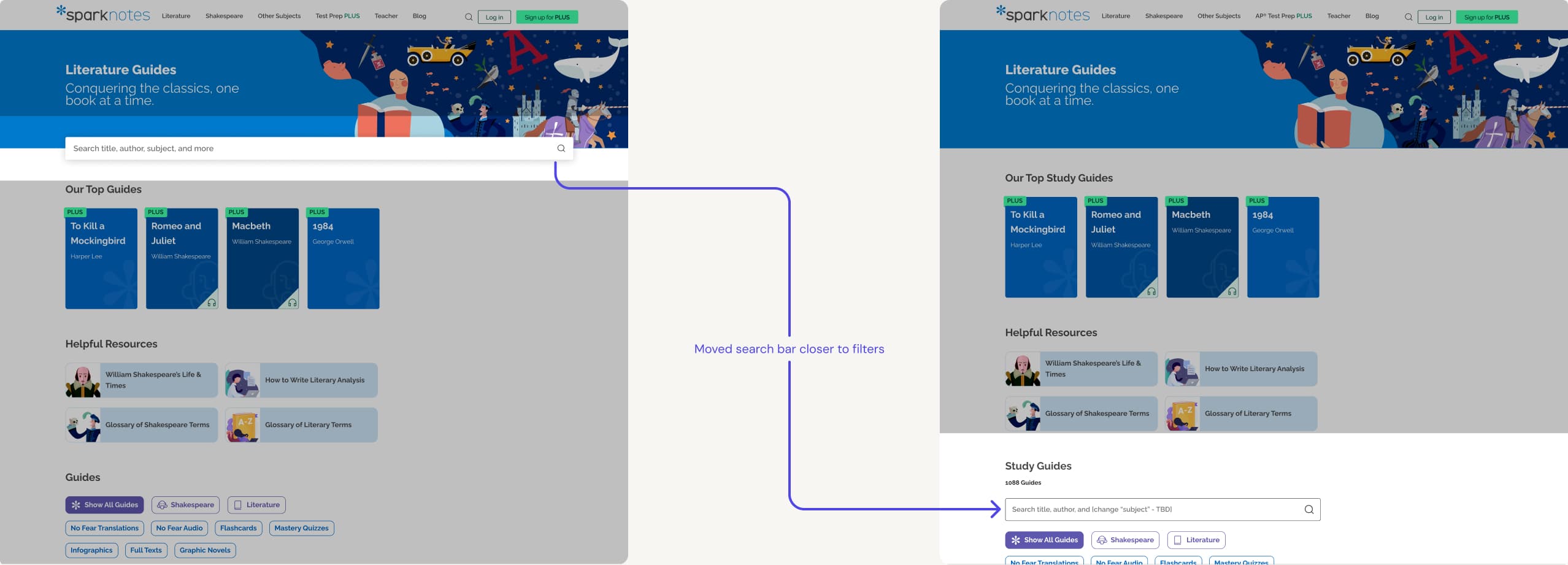 Before and after: search bar moved adjacent to filters